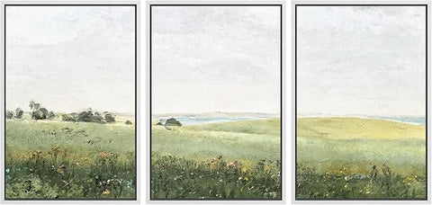 SIGNWIN Framed Canvas Print Wall Art Set Green Pasture Countryside Flower Field Nature Abstract Illustrations Modern Art Decorative Nordic Rustic for Living Room, Bedroom, Office - 24"x36"x3 White