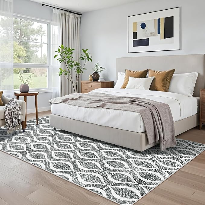 WITSHOCK Rugs for Living Room 5x7: Washable Non-Slip Soft Geometric Foldable Low Pile Large Boho Indoor Rug for Bedroom Dining Room, Carpet for Nursery Playroom Decor, Kid & Pet Friendly, Dark Grey