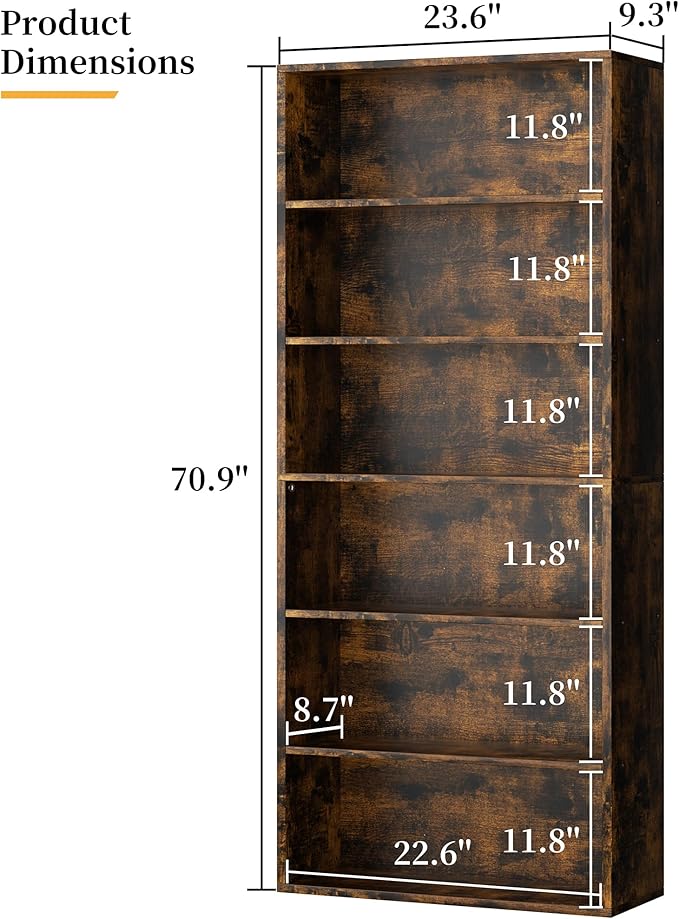 Shintenchi Bookshelf,6-Tier Open Bookcase and Bookshelves,6 Shelf Display Storage Shelves Floor Standing 70.6 inches Tall Bookcase for Home Office, Living Room (Brown)