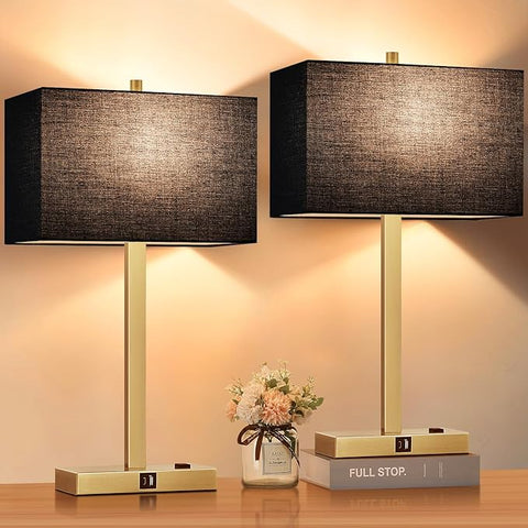 21" Touch Bedside lamps with 2 USB & AC Outlets, 3-Way Dimmable Bedside Table Lamps Set of 2 for Bedroom Living Room Office Reading, Black Shade Lamps for Night Stands, 2700K LED Bulbs Included