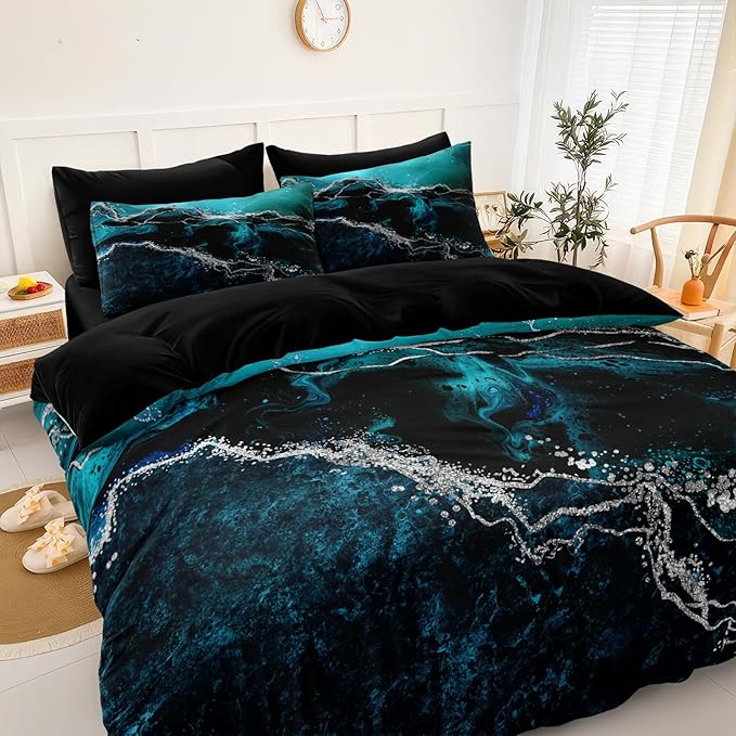 Black Marble Comforter Queen Turquoise Blue Bedding Set 3 Pcs Marble Stone Natural Theme Artwork Abstract Comforter Sets Super Soft Cozy Black Bed in A Bag with Comforter and Sheet Set