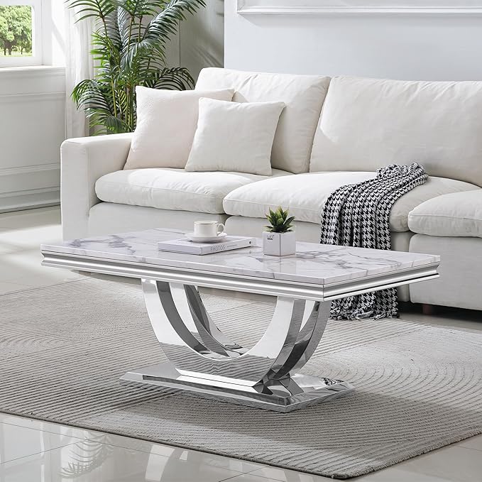 Modern Marble Coffee Table with Stainless Steel Pedestal, 47" Luxury Silver Coffee Table for Living Room, Unique Faux Marble Cocktail Table Rectangle Funky Coffee Center Tables for Living Room