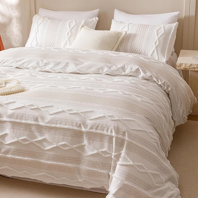 CLOTHKNOW White Farmhouse Twin/Twin XL Comforter Set 3Pcs Chenille Tufted Bedding Comforter Sets Clipped Jacquard Stripes Boho Comforter with Farmhouse Bedding Flare