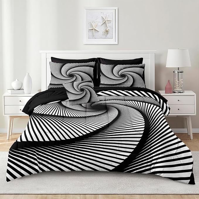 Bedorm Black White Comforter Set 3D Abstract Bedding Set Queen Vortex Stripe Geometric Comforter Trippy Psychedelic Bedding Comforter Black Bed in A Bag