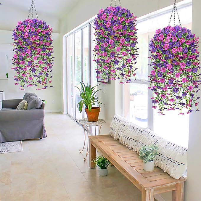 Dremisland 2 Set Artificial Hanging Baskets Outdoor Multicolored Silk Flower Plants Fake Flowers DIY Chain Hanging Basket Daisy Faux Flowers with Pot for Porch Garden Balcony Patio Summer Decor