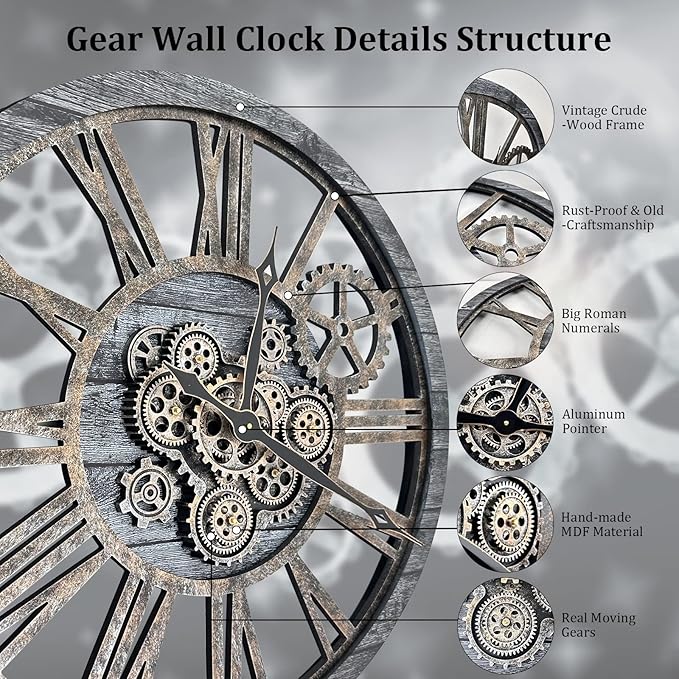 HOIBAI Large Wall Clock Oversized 30 Inch Clocks for Living Room Decor Wall Decor Farmhouse Vintage Rustic Industrial Roman Big Chic Home Decor Wall Clock for House Bedroom, Moving Gears Clock