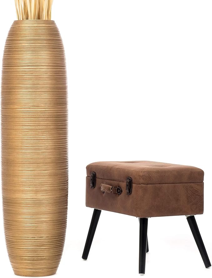 LEEWADEE Large Floor Vase – Handmade Flower Holder Made of Wood, Sophisticated Vessel for Decorative Branches and Dried Flowers, 43 inches, Golden