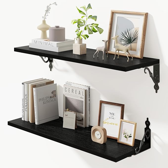 Floating Shelves for Wall, 24"W x 8"D Wall Shelves, 8 Inch Deep Floating Shelf with Bracket, 24 Inch Floating Shelves for Living Room and Bathroom, Display & Storage Shelves, Black, Set of 2