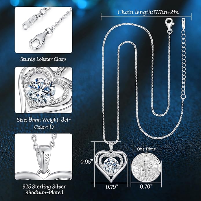 Moissanite Heart Pendant Necklaces for Women, 925 Sterling Silver Gold Plating Lab-Created Gem Necklace Engraved with 'I LOVE YOU', Ideal Anniversary Birthday Christmas Valentine Engagements Mothers Day Jewelry Gifts for Mom Wife Girlfriend Daughter Her