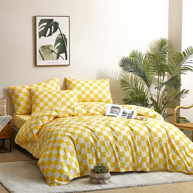 CLOTHKNOW Yellow Plaid King Size Comforter Set 3Pcs Yellow White Bedding Comforter Sets Grid Comforter King Light Yellow Comforter Sets King