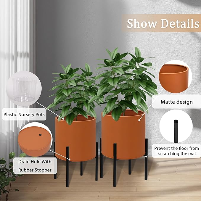 ARNIS Modern Plant Pots, Set of 2 Large Planters with Stand, Decorative Planters, Metal Pots with Drainage Holes for Living Room, Office, Garden or Balcony, 8.25 &10.5 Inch
