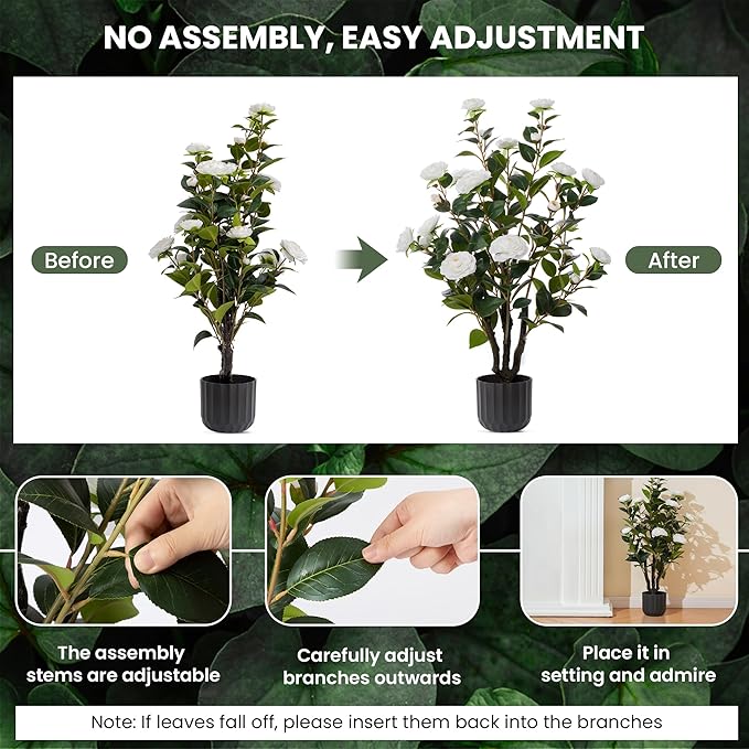 3.2FT Artificial Camellia Trees, White Silk Flowers, Indoor Faux Plants with Realistic Trunk in Black Cement Pot for Home House Living Room Bedroom Office Decor, 2pcs