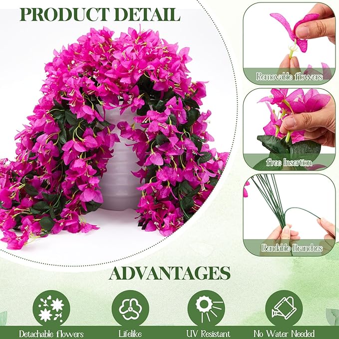 4 Pcs Artificial Faux Bougainvillea Flowers Plants Hanging Flowers Plants for Outdoor Decoration Fake Silk UV Resistant Long Trailing Vines for Front Door Porch Planter Balcony(Purple)