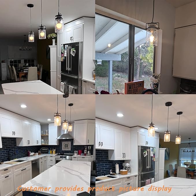 Pendant Lighting for Kitchen Island, Modern Glass Pendant Light Linear Chandelier for Dining Room, 1 Light Industrial Hanging Light Fixture Adjustable Cord Farmhouse Ceiling Light Black Finish