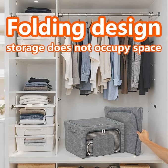 Stackable Clothes Storage Bins with Metal Frame, 4 Piece Stackable Clothes Organizer with Double Opening + Clear Window Design for Cabinets, Under Beds, Storage and Garage Gray 2 * 22 L + 2 * 64 L