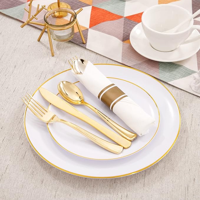 Supernal 350pcs Gold Disposable Dinnerware Set,Pre Rolled Plastic Silverware,Include 50 Gold Plates and 50 Dessert Plates, 50 Silverware with Paper Napkins,50 Disposable Cups
