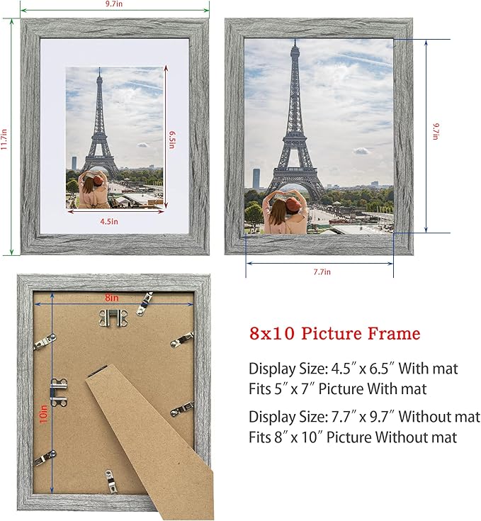 8x10 Picture Frame Set of 2, Grey Photo Frame of Rustic Style, Multi 8 by 10 Photo Frame for Wall or Tabletop Display - 5x7 Frame with Mat or 8x10 Without Mat