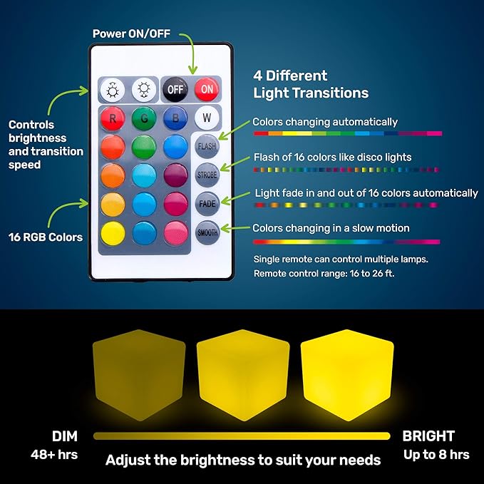 20-Inch LED Light Cube Decorative Glow Furniture Waterproof Rechargeable Adjustable RGB Color Changing w/Remote for Party Lamp Night Romantic Indoor Outdoor Lighting