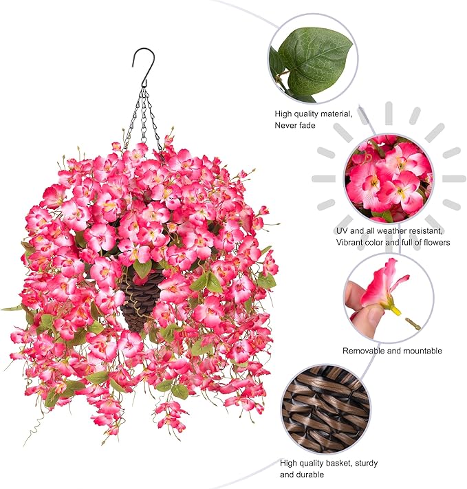 Ivydale Artificial Faux Hanging Flowers Plant Baskets for Outdoors Decoration, Fake Hibiscus UV Resistance Realistic Silk Flower for Outside Home Patio Porch Balcony Garden Wedding (H-Pink, Hibiscus)