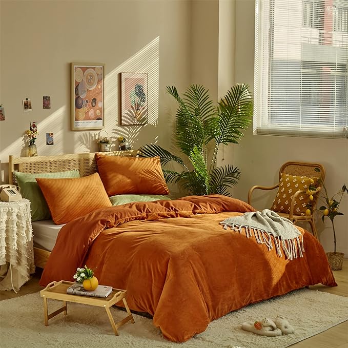 Pureant Burnt Orange Fluffy Comforter Set Full Rust Velvet Bedding Comforter Sets for Women Girls Solid Terracotta Flannel Blankets Plain Rust Caramel Full Size Comforter Modern Reddish Brown Bed