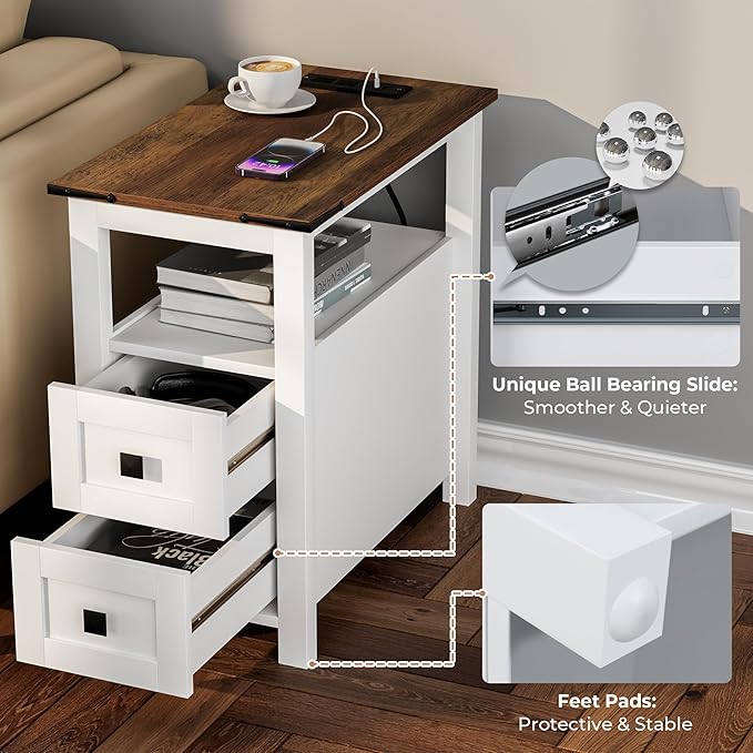 Farmhouse End Table with Charging Station and 2 Storage Drawers, White Wood Nightstand Narrow, Skinny Side Table Rustic, Slim Bedside Table, Open Shelf, Small for Bedroom, Living Room, Sofa