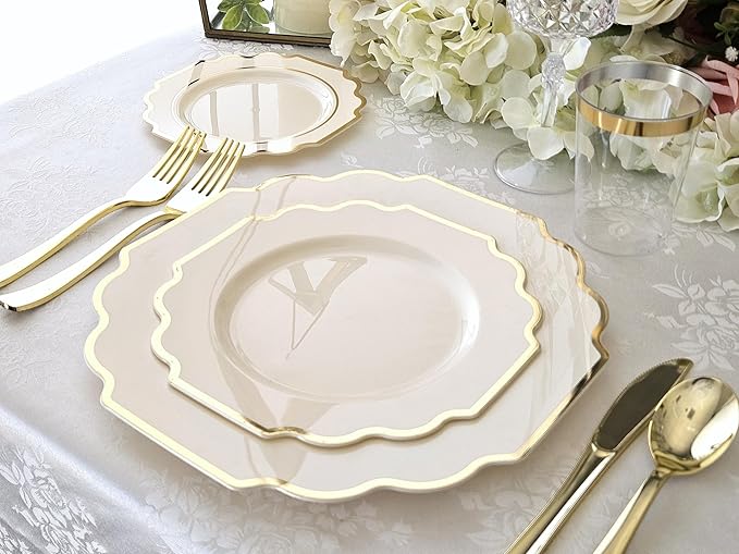 " OCCASIONS " 50 Plates Pack (25 Guests)-Heavyweight Wedding Party Disposable Plastic Plate Set -(25x10.5'' Dinner + 25x8'' Salad/Dessert) (Imperial Ivory & Gold)
