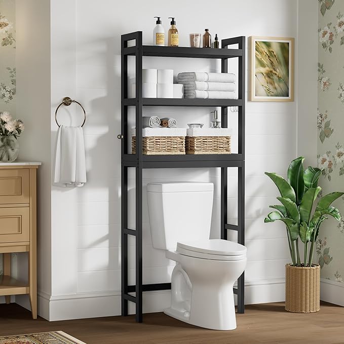 Smiry Over The Toilet Storage Cabinet, 3-Tier Bamboo Bathroom Organizers with Adjustable Shelf & 4 Hooks, Space Saving Shelf Rack for Bathrooms, Laundry Room, Balcony, Black