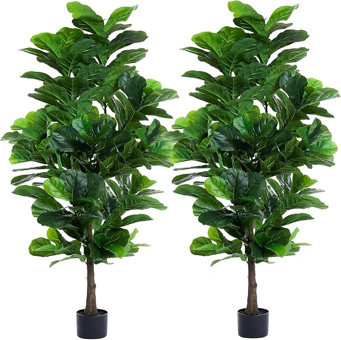 Fiddle Leaf Fig Tree 6ft Tall Artificial Tree in Pot Fake Ficus Lyrata Plants with 184 Decorative Fiddle Leaves Faux Fig Trees for Home Office Living Room Decor Indoor Outdoor, 2 Pack