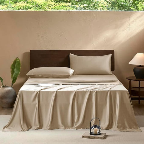 EVERLY Twin Sheets Set,Luxuriously 400 Thread Count Organic Viscose Derived from Bamboo Bed Sheet,Cooling Sheets for Twin Size 3 Piece Deep Pockets Bedding Sheets-Champagne