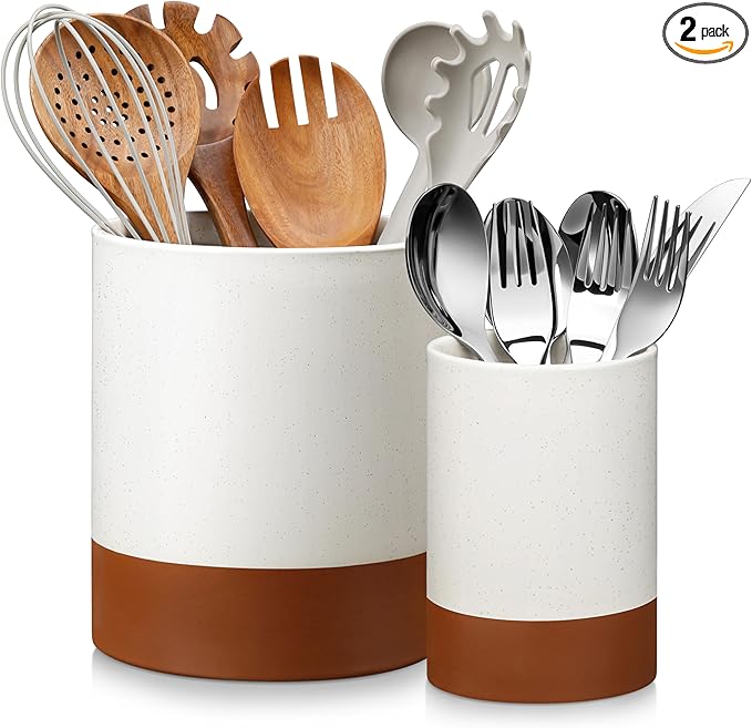 MALACASA Utensil Holder, 7.3"+5.5" Ceramic Kitchen Utensil Holder for Countertop, Large Cooking Utensil Crocks for Kitchen Counter, Farmhouse Utensils Organizer, Set of 2, Khaki White, Series TARA