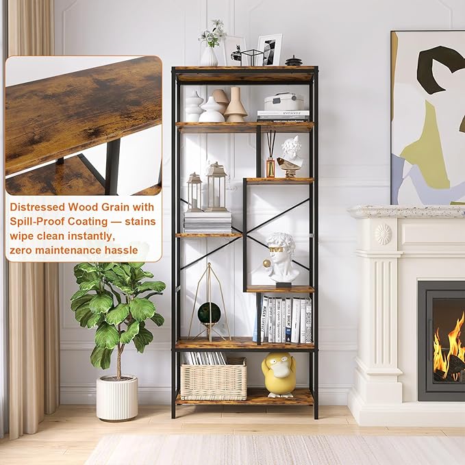 Book Shelf, 5 Tier Bookcase, Tall Bookshelf Modern Book Case for Books, Ornament, Free Standing Storage Organizer for Bedroom Home Office Kitchen Living Room (Rust Brown, 6-Tier)