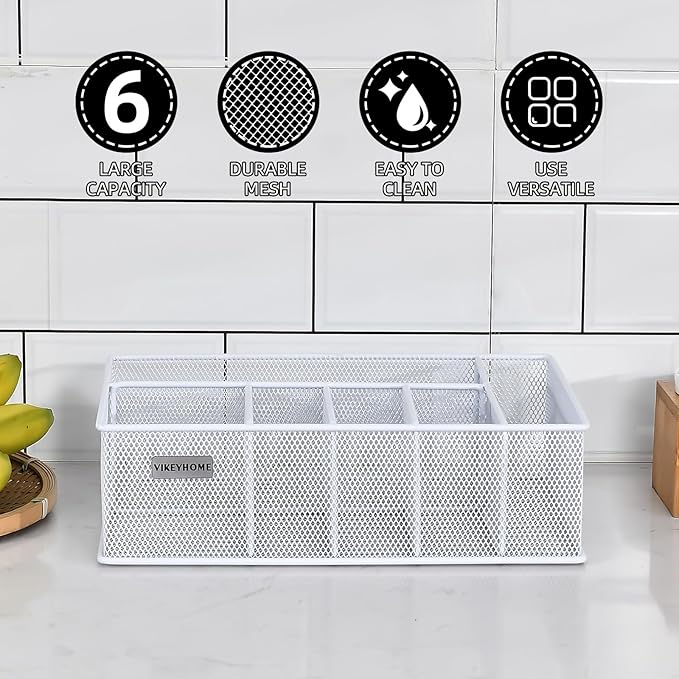 Paper Plate Organizer, Metal Silverware Caddy with 6 Compartments for Knives, Spoons, Cups, Forks, Napkins, Utensil Holder for Party, Camping, Picnic, White