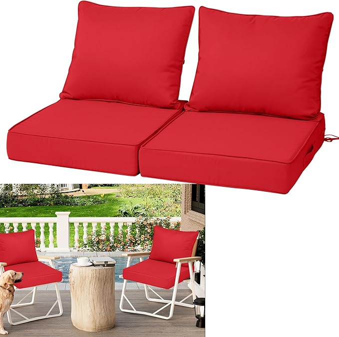 Outdoor Deep Seat Cushions for Patio Furniture Set of 2, Waterproof Outdoor Chair Cushions 24x24x4'' Patio Furniture Cushion with Fade Resistant Removable Cover, Handle&Straps for Sofa Chair, Red