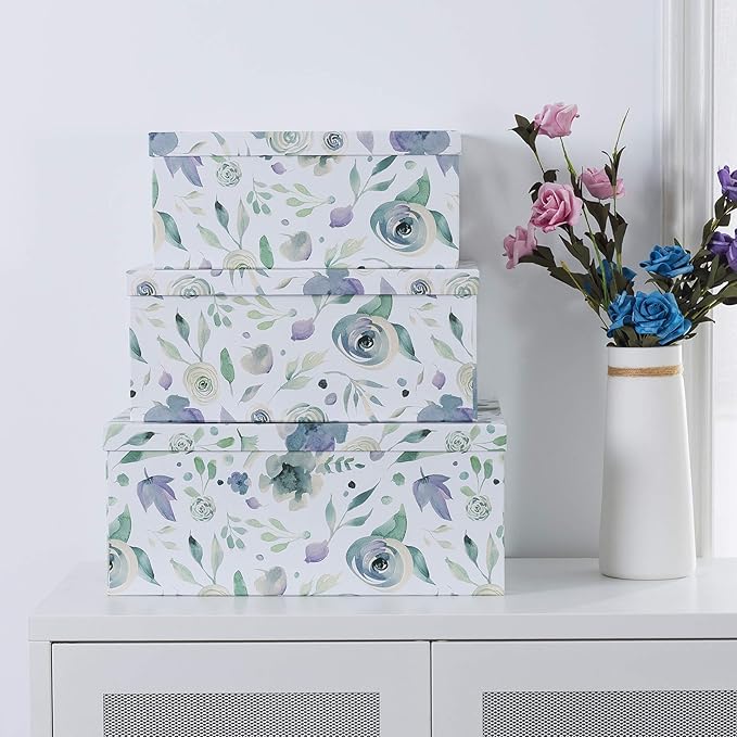 Soul & Lane Decorative Cardboard Storage Boxes with Lids for Home Decor and Organizing, Set of 3 Large Keepsake Boxes for Memories & Gifts, Nesting Floral Photo Storage Containers, Handpicked Bouquet