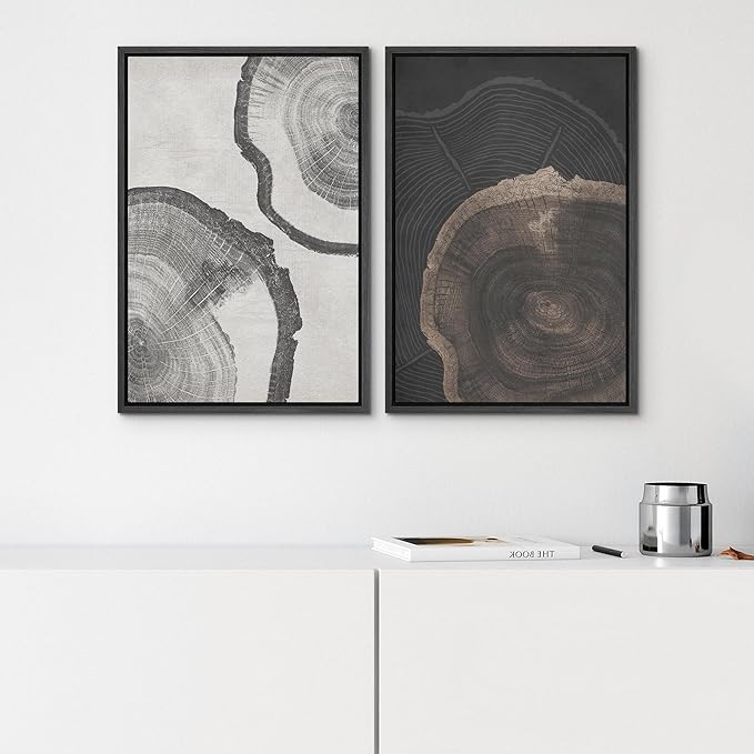 SIGNWIN Framed Canvas Print Wall Art Wood Tree Rings Abstract Illustrations Minimalist Modern Wall Art Neutral Boho Decor for Living Room, Bedroom, Office - 16"x24"x2 Black