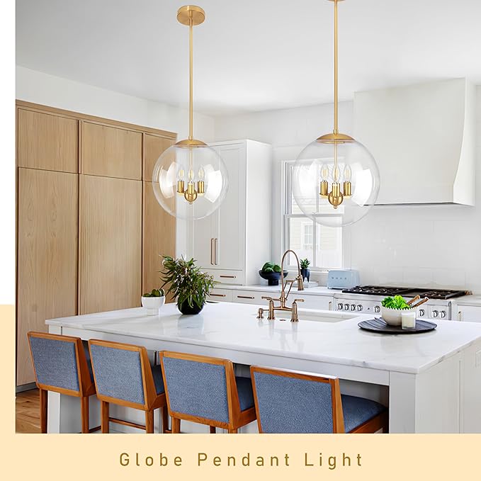 13.7" Globe Pendant Light Contemporary Globe Pendant Lights Kitchen Island 3 Light Gold Mid Century Pendant Light Clear Glass with Brass Finish Adjustable Hanging Light Fixture for Dining Room