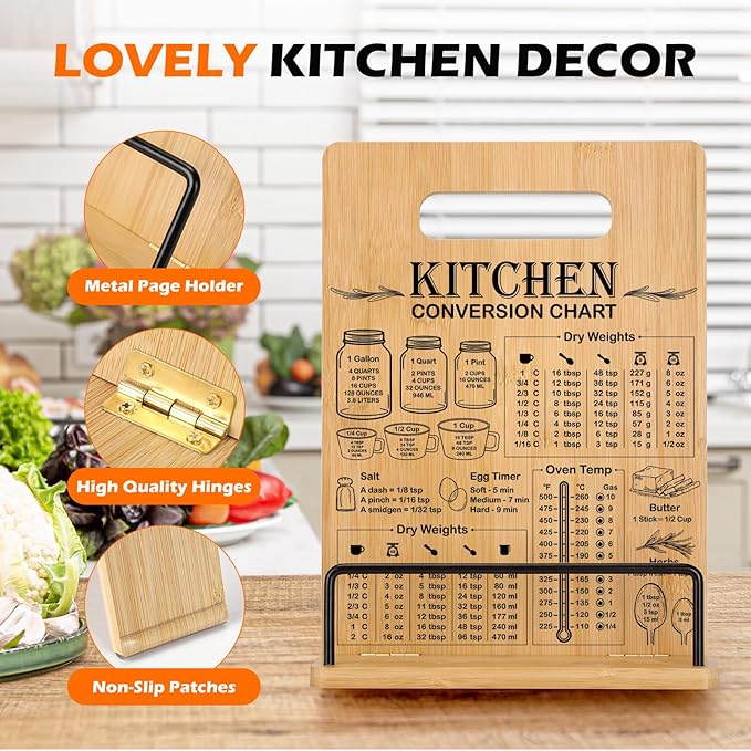 Bamboo Cookbook Stand for Kitchen Counter, Recipe Book Holder with Measurement Conversion Chart, Adjustable Cookbook Holder, Essential Accessories for Holding Cookbooks