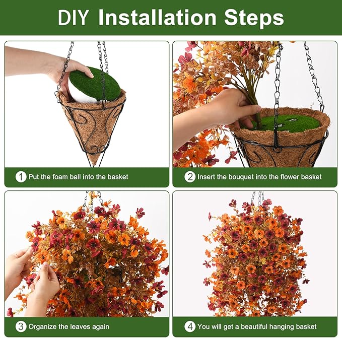 Artificial Faux Fall Hanging Flowers Plants Basket for Fall Outdoor Decoration,Fake Silk Orange Mums planters UV Resistant Look Real for Home Porch Patio Yard Outside Autumn Decor (Brown Orange)