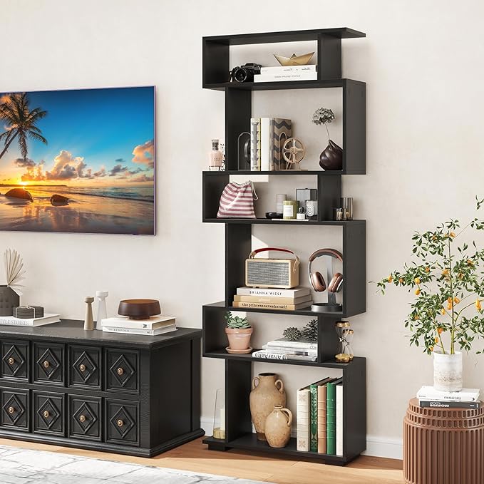 Tangkula 6-Tier S-Shaped Bookshelf, 64" Freestanding Geometric Bookcase, Home Office Wood Storage Shelf with Anti-Toppling Device, Room Divider Display Rack for Study, Living Room (1, Black)