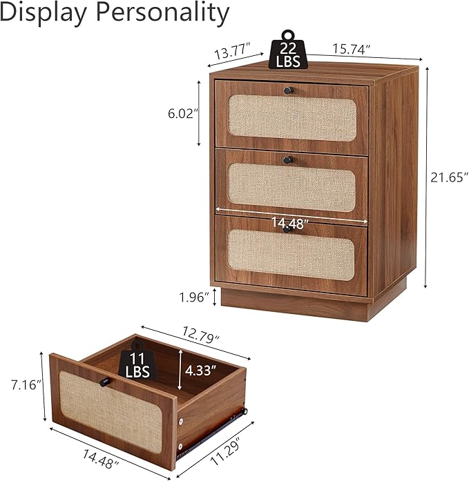 Nightstand with 3 Drawers Set of 2, Mid Century Modern Night Stand with Linen Drawers & Stable Legs, Wood Rustic Bedside Table End Table Side Table for Bedroom, Walnut