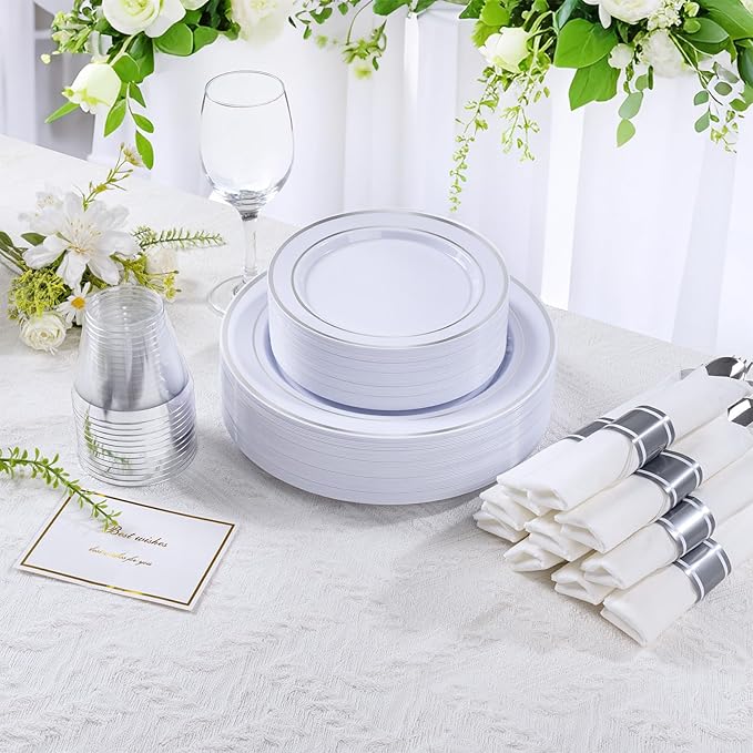 DaYammi 350PCS Silver Plastic Dinnerware Set for 50 Guests, Fancy Disposable Plates for Party, Include: 50 Dinner Plates, 50 Dessert Plates, 50 Pre Rolled Napkins with Silver Silverware, 50 Cups