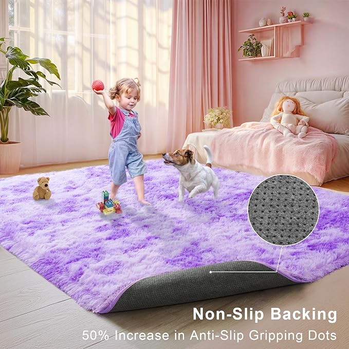 Purple 5x7 Fluffy Area Rug for Kids Playroom, Nursery Room Living Room