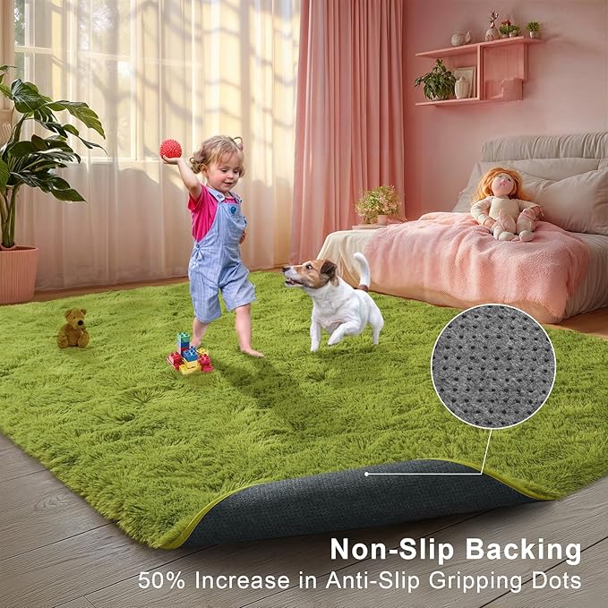 Green Grass Area Rugs for Bedroom Living Room, 9x12 Fluffy Fuzzy Shaggy Carpet for Kids Playroom Nursery Room, Thick Soft Plush Mat for Kids Baby Boys Teen Dorm Home Decor Aesthetic