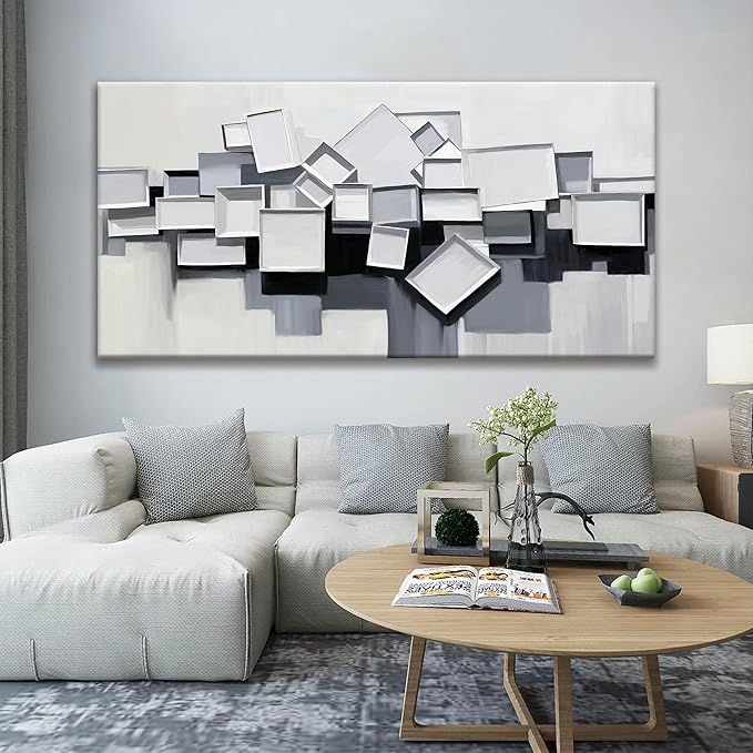 Tsomzxng Large Abstract Wall Art Grey And White Wall Art Geometric Color Block Line Wall Painting Canvas Art Wall Decor Simple Picture Artwork For Living Room Bedroom Office Artwork 29"X 58"