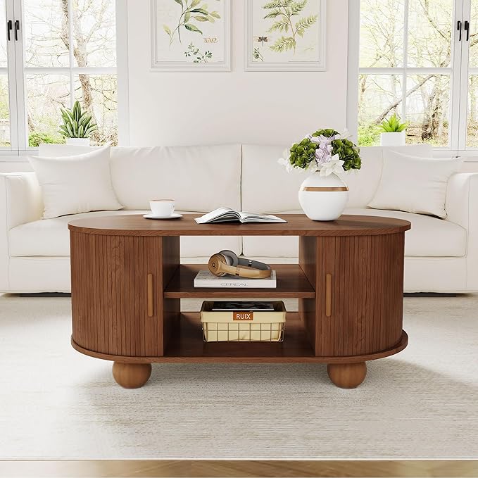 Rectangle Coffee Table, Fluted Coffee Tables for Living Room, Mid-Century Coffee Table Center Table with Storage & Sliding Doors for Apartment, Home Office (Walnut)