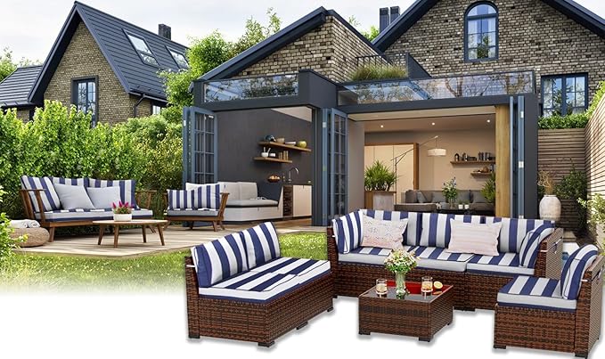 Outdoor Furniture Replacement Cushions, 14 Pcs Water-Resistant Replacement Sofa Cushion for Patio Garden Porch (Liner&Cover,Only Cushion No Sofa) (Blue & White Stripes)