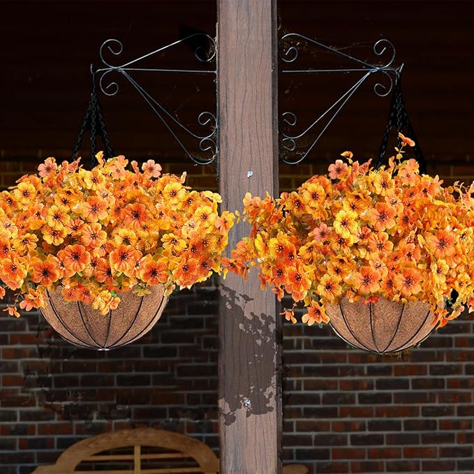 Orgrimmar 2 Pack Artificial Hanging Flowers Basket Outdoor Fake Hanging Plants UV Resistant Realistic Silk Flowers Eucalyptus in Coconut Lining Baskets for Home Porch Balcony Patio Yard Orange