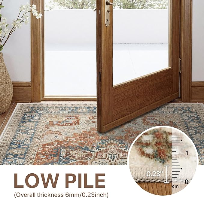 GENIMO 8X10 Area Rugs for Living Room, Machine Washable Vintage Floor Cover Foldable Modern Non Slip Rug, Low Pile Soft Indoor Carpet Floral Print Mat Rug,Bedroom/Dining Room/Home Office,Terracotta