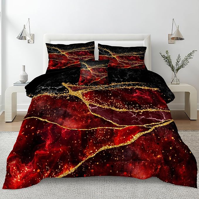 Red Black Comforter Set Black Gold Marble Bedding Set King Size Burgundy Dark Red Gothic Hippie Comforter Watercolor Retro Bedding Comforter