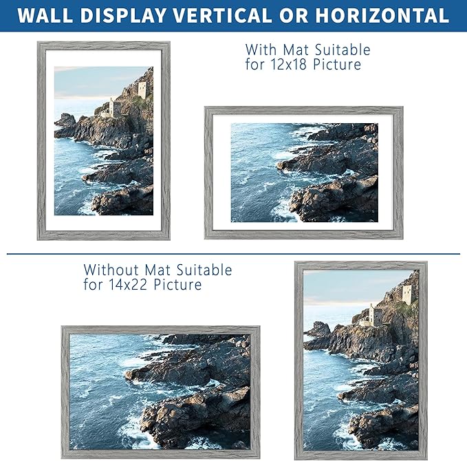 14x22 Picture Frame Set of 2, Rustic Grey Wood Style - Display 14 x 22 Picture without Mat or 12x18 Picture with Mat, Wall Mounting Horizontal and Vertical